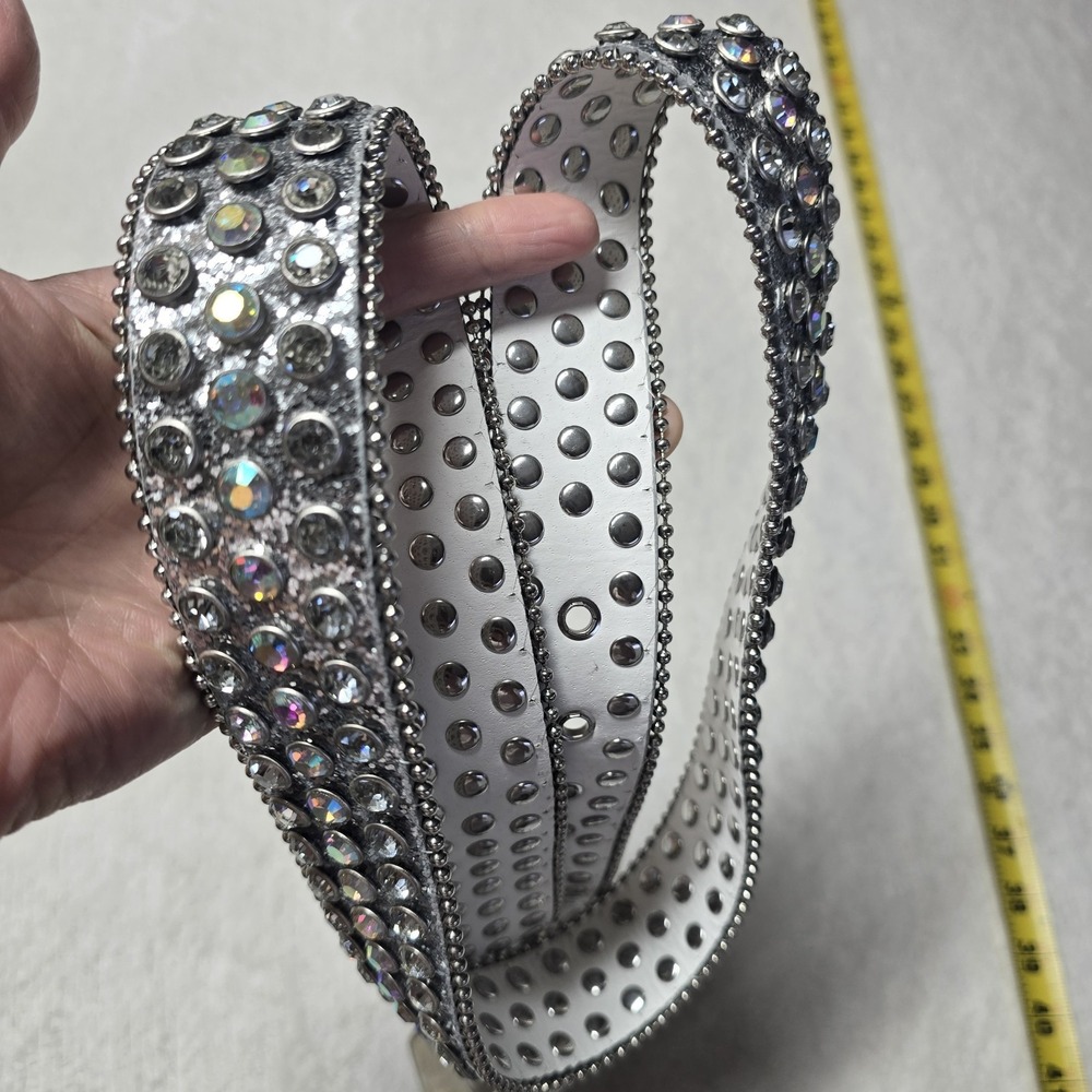 Y2K Rhinestone‎ Belt Silver Glitter Studded Crystal Bling Western Cowgirl Sz L